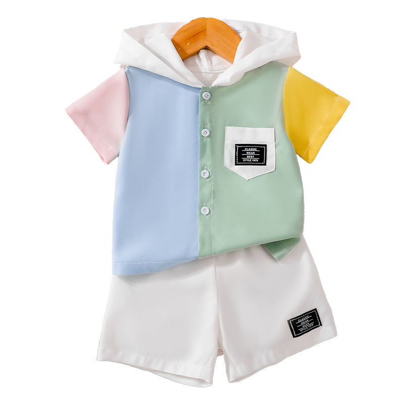 Design Summer Baby Kids Boys Short Sleeves Color Patchwork Top with Shorts Set