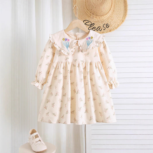 Autumn Arrival Baby Kids Girls Floral Pattern Long Sleeves Dress with Embroidered Collar, MyKids-USA®, Baby & Toddler Dresses, MyKids-USA - Size/Age - 90 (12-24M) - Color - Beige -  -  - TR2509182213-A