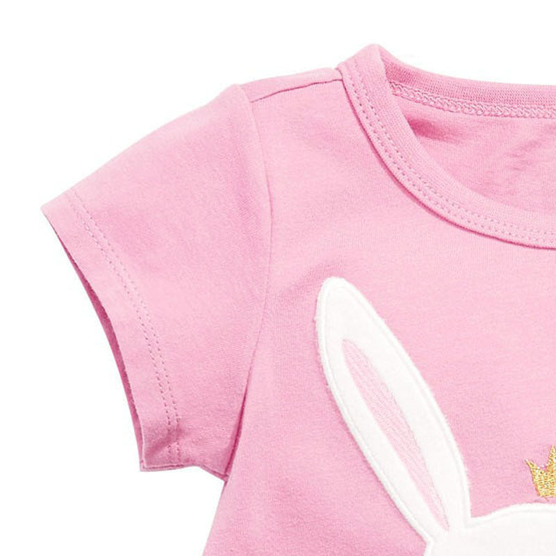 Baby Girl Rabbit Cartoon Pink Short Sleeve O-Neck Cotton Summer T-Shirt