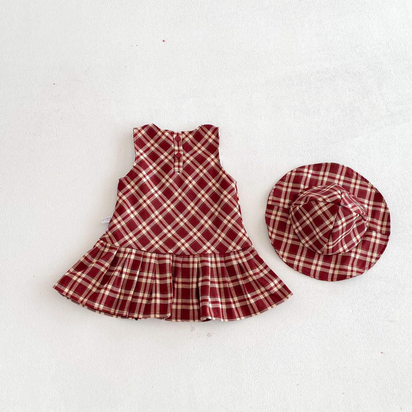 Spring Arrival Baby Kids Girls Cute Argyle and Plaid Pattern Sleeveless Dress with Hat