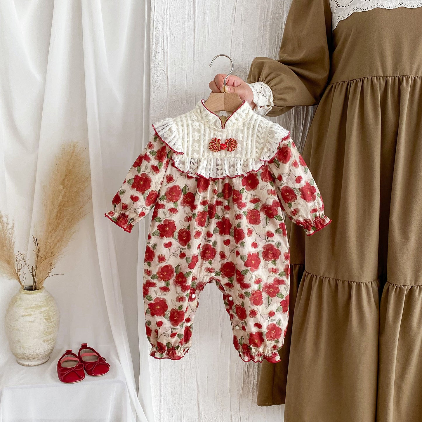 Autumn Arrival Baby Girls Long Sleeves Floral Print Romper Bodysuits, MyKids-USA®, Baby One-Pieces, MyKids-USA - Size/Age - 66 (3-6M) - Color - Red -  -  - TR2409300945-A