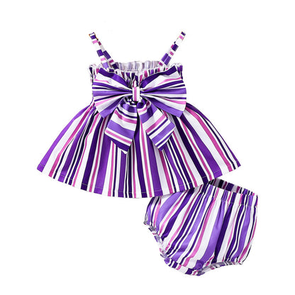 Design Summer Baby Kids Girls Sleeveless Striped Pattern Dress with Bloomers Set