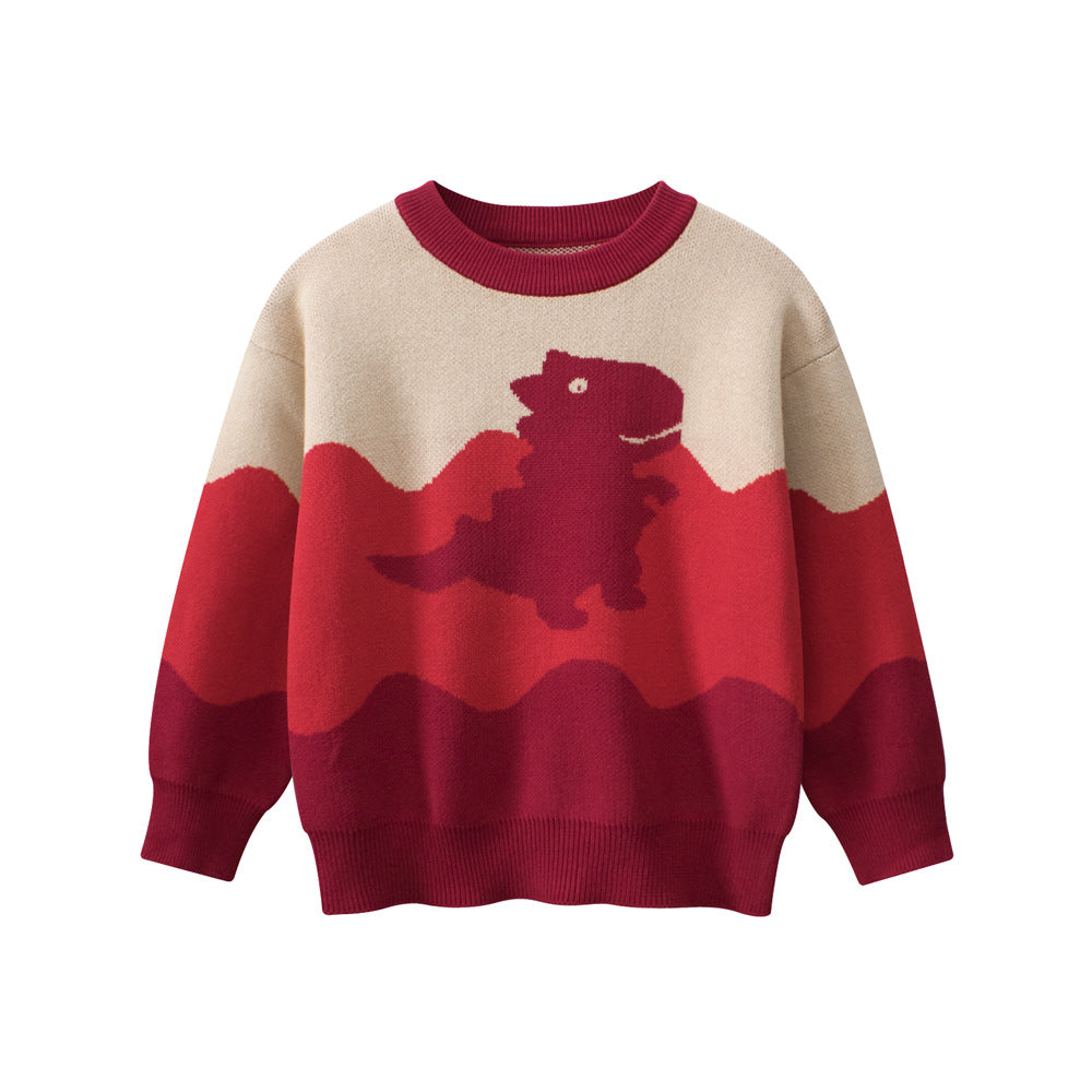 Baby Boy Kids Dinosaur Pattern Crew Neck Long Sleeves Color Patchwork Knitwear Pullover