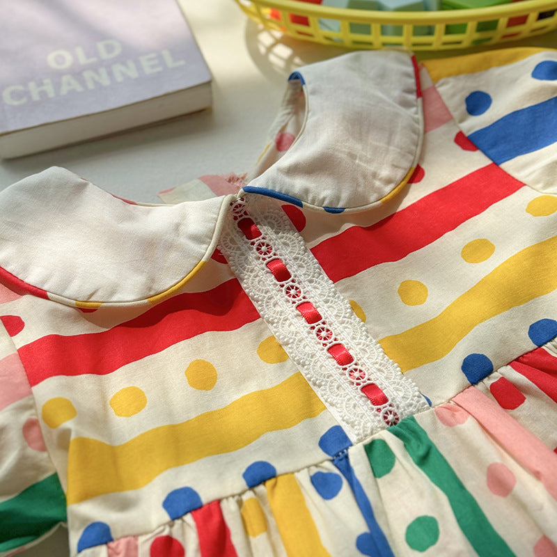 New Arrival Summer Baby Kids Girls Short Sleeves Striped Polka Dots Dress