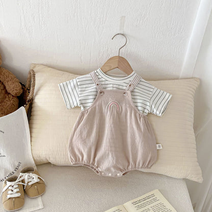 Summer Hot Selling Baby Kids Unisex Sleeveless Rainbow Embroidered Strap Overalls and Striped T-Shirt Clothing Set, MyKids-USA®, Baby & Toddler Outfits, MyKids-USA - Size/Age - 66 (3-6M) - Color - Khaki -  -  - TR2506141158-B