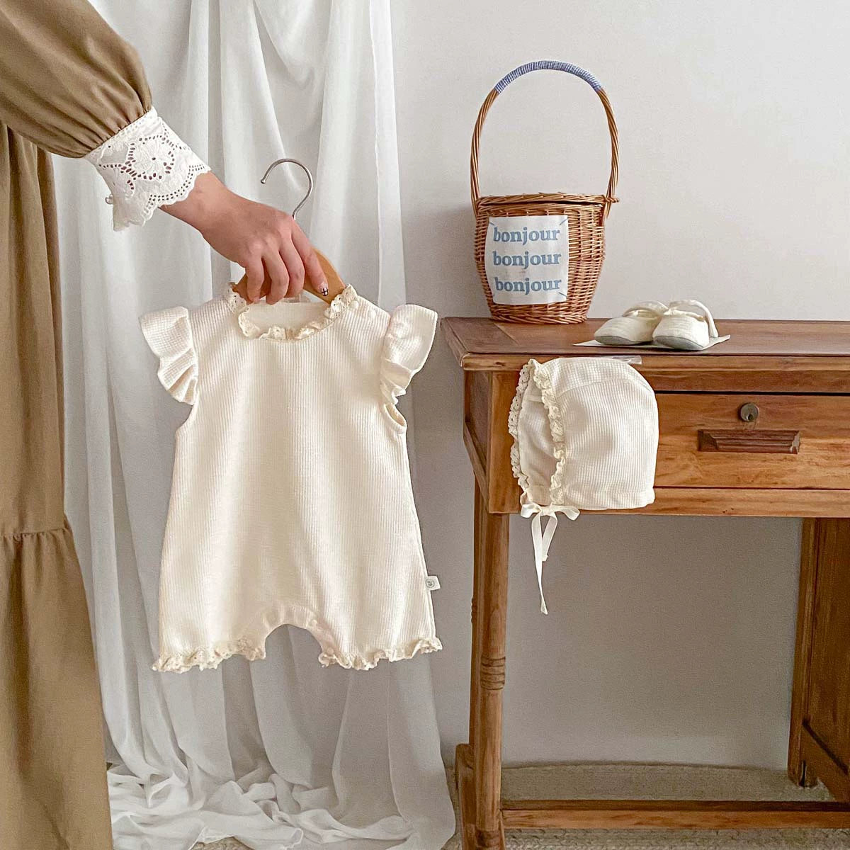 Summer Arrival Baby Girls Solid Color Short Sleeves Ruffle Neck Rompers, MyKids-USA®, Baby One-Pieces, MyKids-USA - Size/Age - 66 (3-6M) - Color - Apricot -  -  - TR2505292225-A