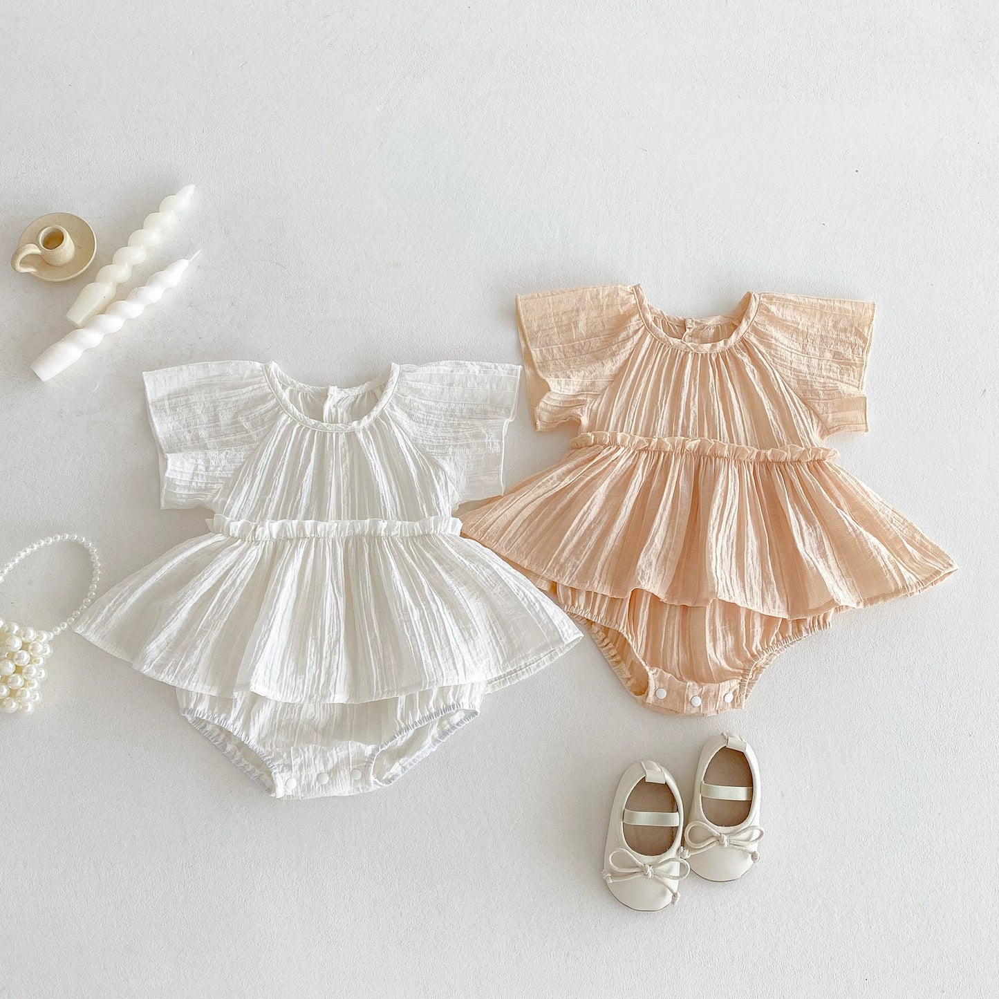 Summer Arrival Baby Girls Cute Pleated Short Sleeves Solid Color Onesies, MyKids-USA®, Baby One-Pieces, MyKids-USA -  -  -  -  -  -  - 