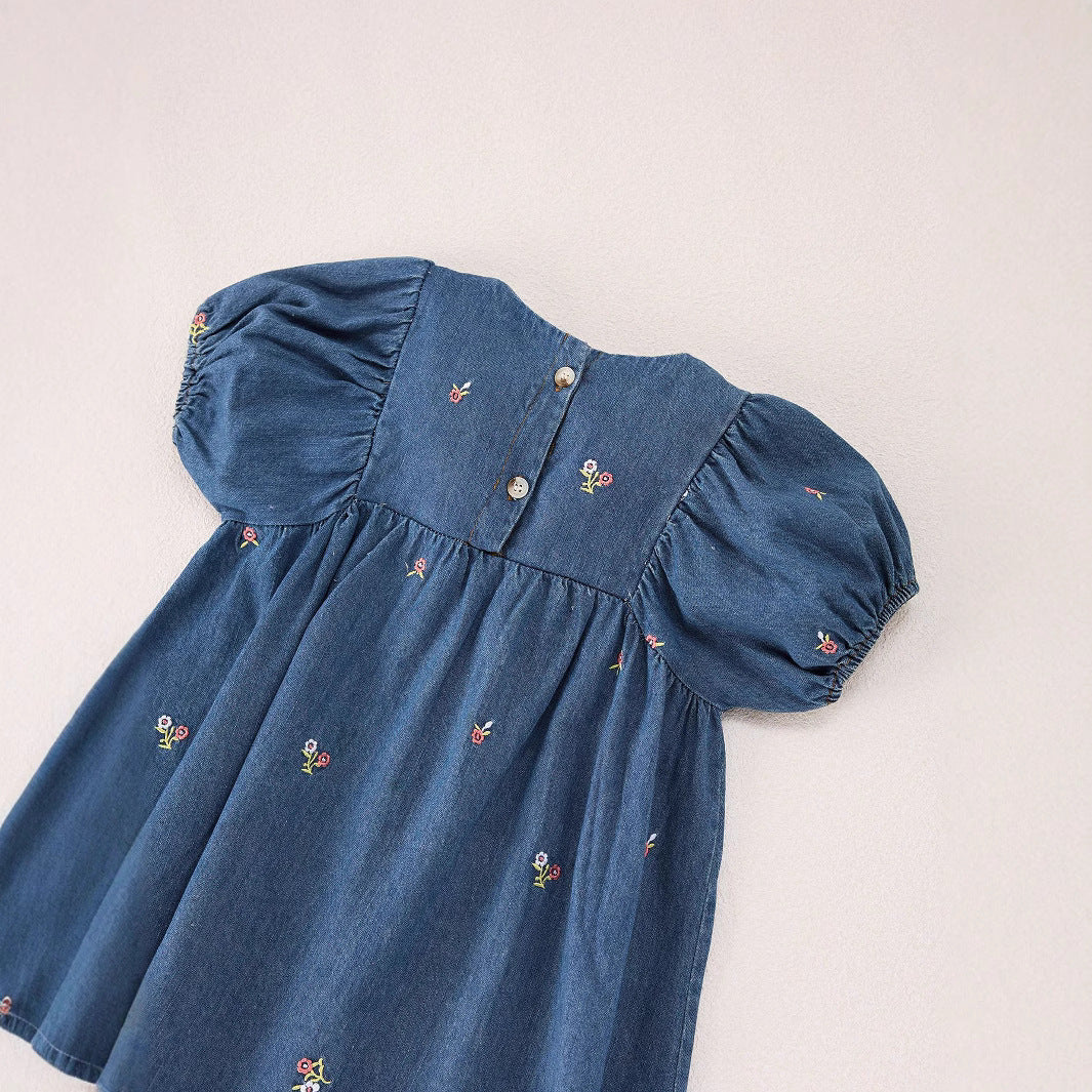 Summer Baby Kids Girls Denim Short Sleeves Flowers Pattern Embroidered MyKids-USA Summer Baby Kids Girls Denim Short Sleeves Flowers Pattern Embroidered MyKids-USA