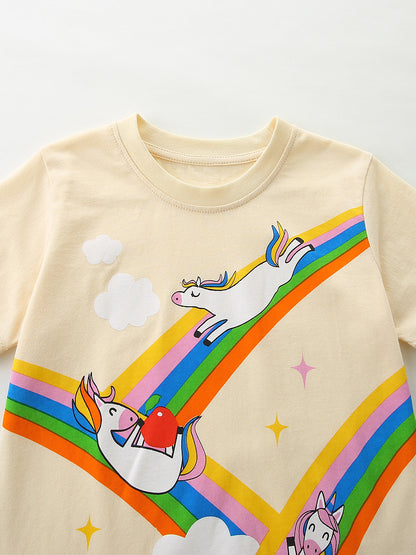 Summer Baby Kids Letters and Animals Cartoon Pattern T-shirt Clothing Set for Girls