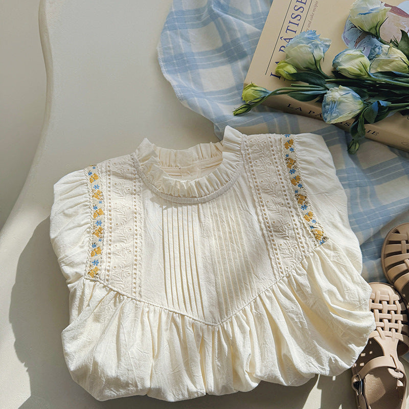 New Arrival Summer Baby Kids Girls Short Sleeves French Style Ruffle Neck Dress