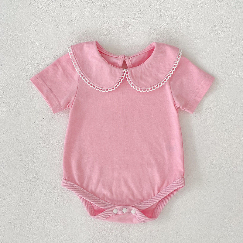 Summer Arrival Baby Girls Solid Color Lace Trim Collar Bodysuit, MyKids-USA®, Bodysuits, MyKids-USA - Size/Age - 66 (3-6M) - Color - Pink -  -  - TR2512290902-D.
