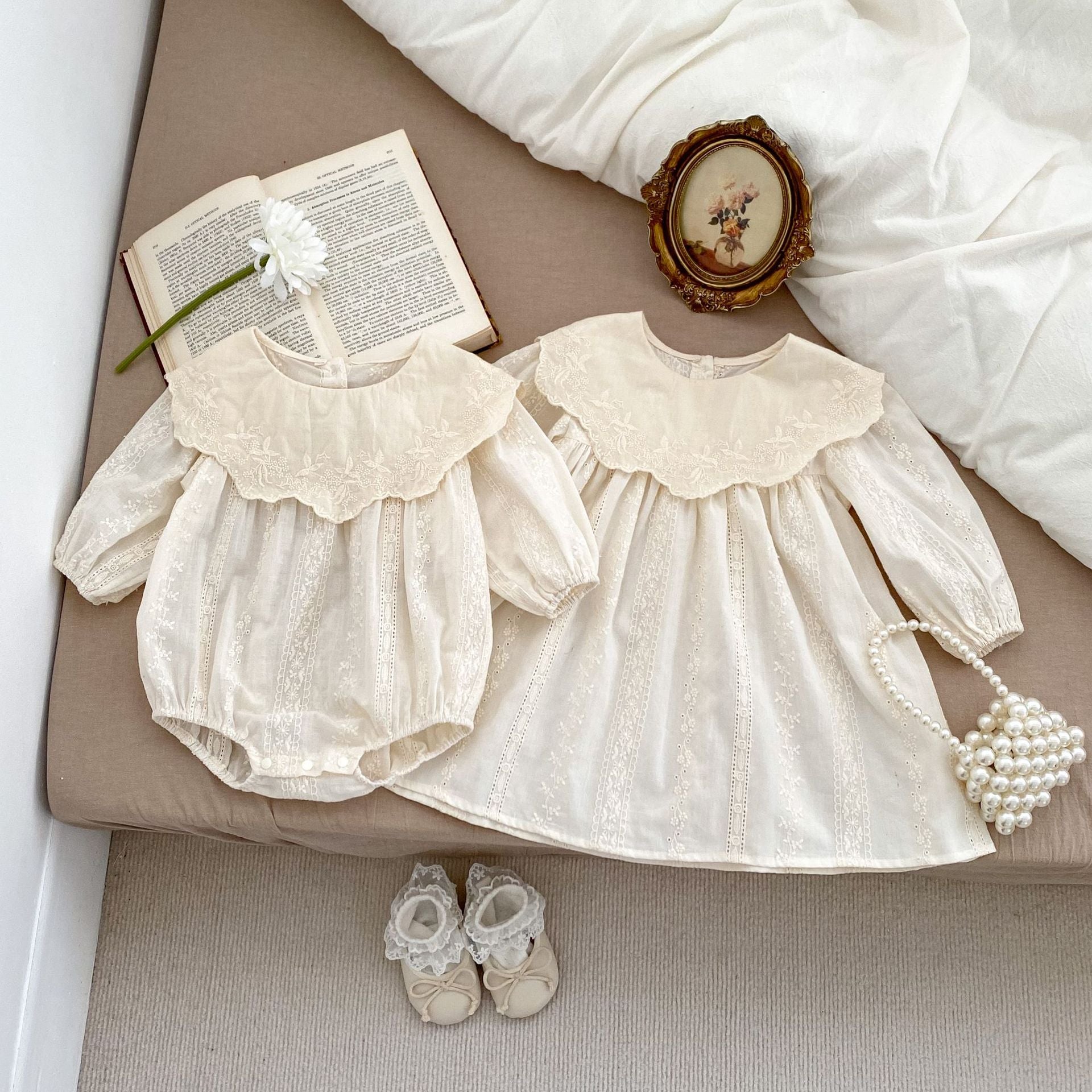 Spring Baby Beige Floral Embroidery Long-Sleeved bodysuit And Dress Fo MyKids-USA Spring Baby Beige Floral Embroidery Long-Sleeved bodysuit And Dress Fo MyKids-USA