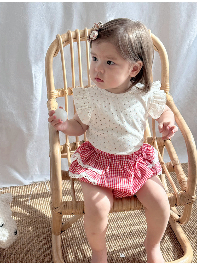 Summer Arrival Baby Girls Fly Sleeves Floral Pattern Top and Plaid Bloomers Clothing Sets, MyKids-USA®, Shorts, MyKids-USA - Size/Age - 73 (6-9M) - Color - Red -  -  - TR2505192151-B