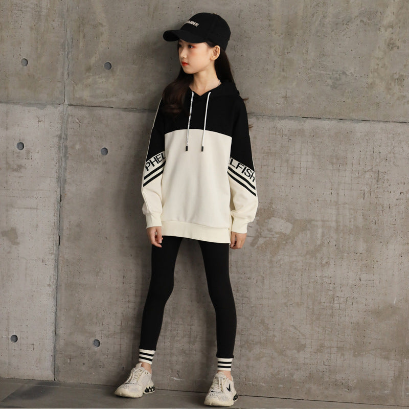 Arrival Autumn Kids Girls Long Sleeves Color Patchwork Hoodie and Black Pants Sets