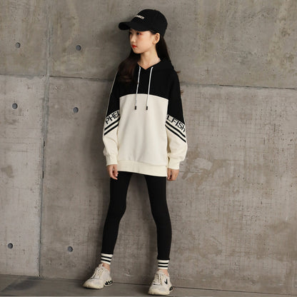 Arrival Autumn Kids Girls Long Sleeves Color Patchwork Hoodie and Black Pants Sets