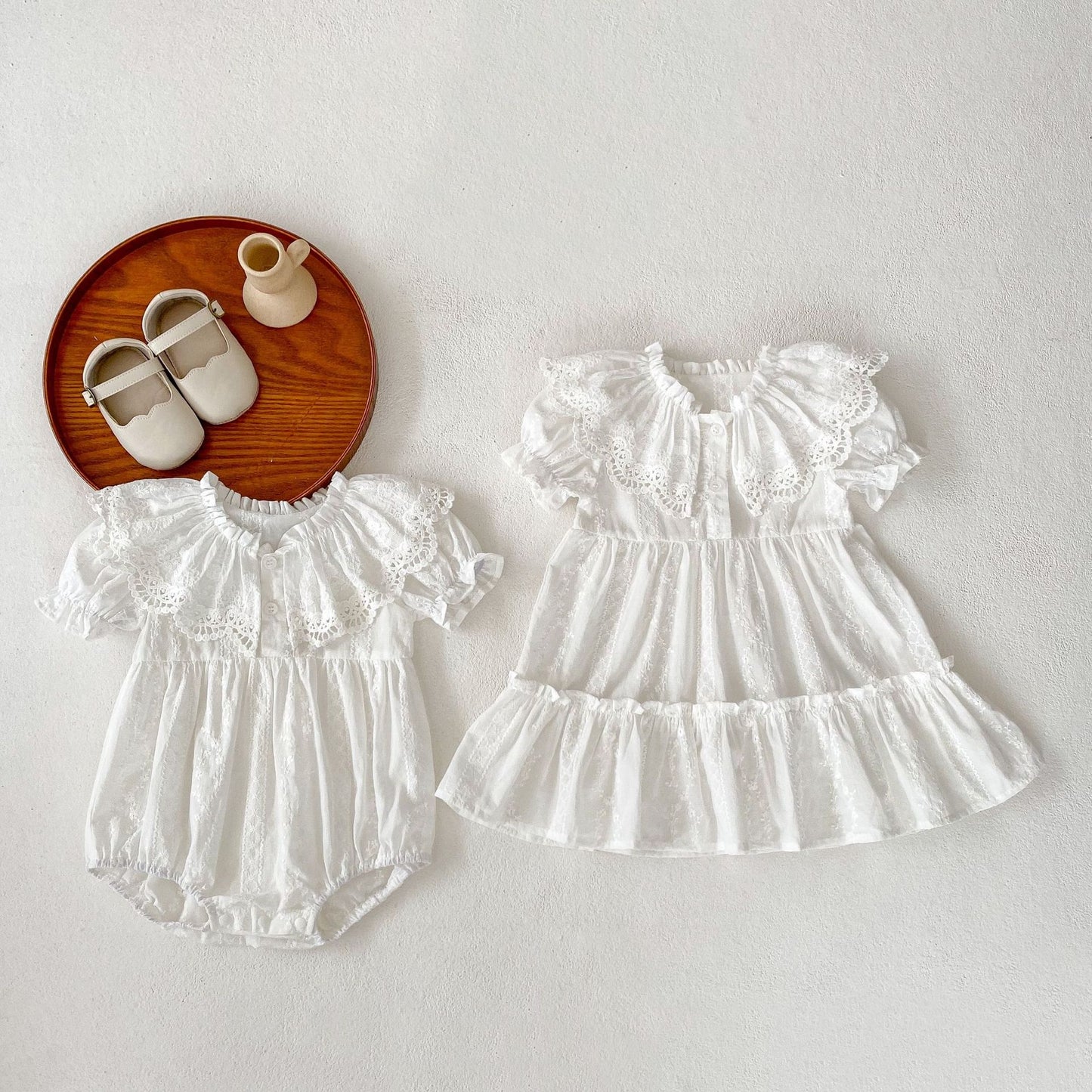 New Arrival Summer Baby Kids Girls Hollow Out Collar Short Sleeves Solid Color Floral Embroidery Onesies And Dress – Princess Sister Matching Set