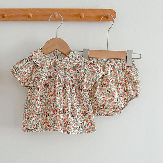 Summer Hot Selling Baby Girls Short Sleeves Floral Design Top Shirt And Bloomers Clothing Set