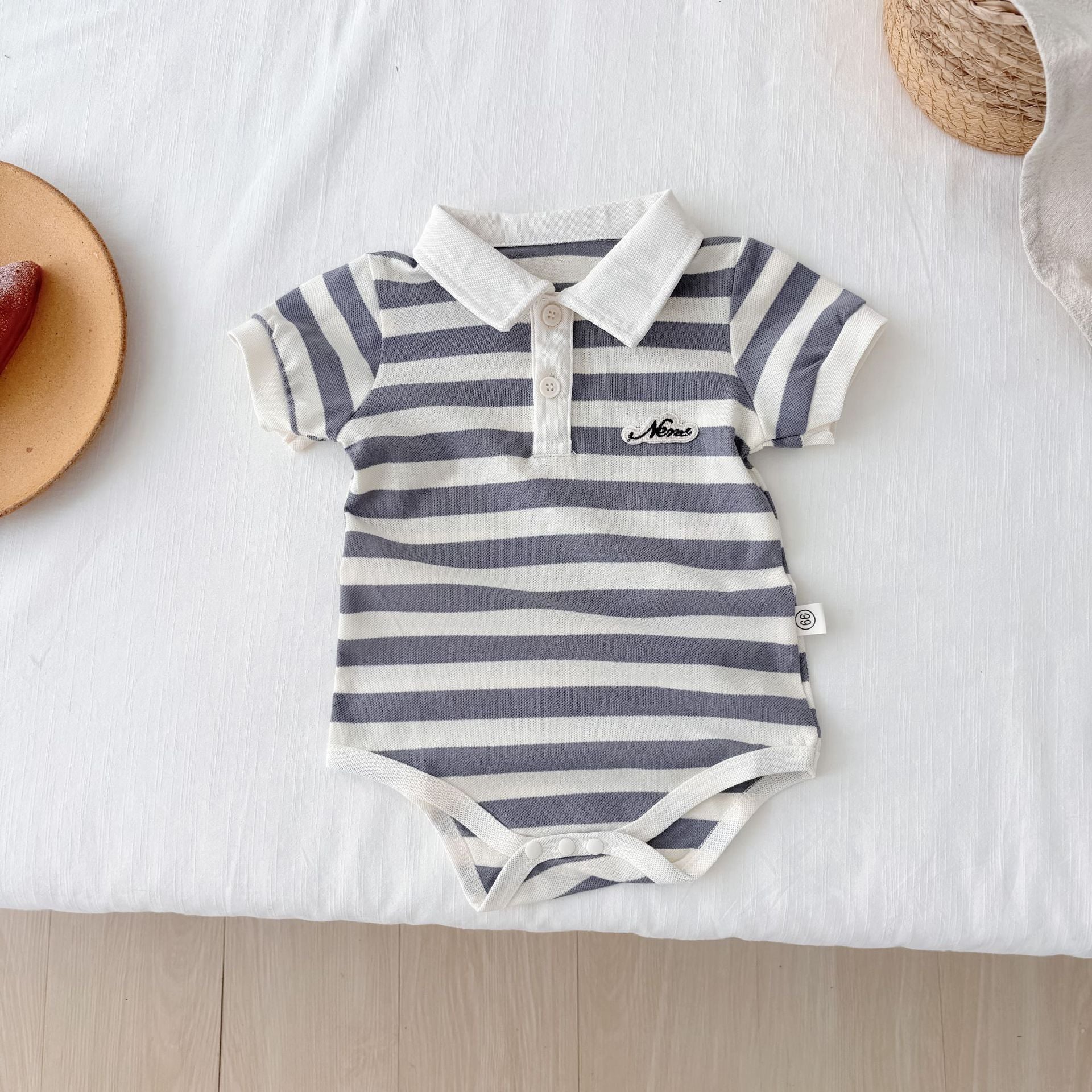 Summer Arrival Baby Unisex Casual Striped Short Sleeves Turn-down Collar Onesies, MyKids-USA®, Baby One-Pieces, MyKids-USA - Size/Age - 66 (3-6M) - Color - Grey -  -  - TR2505262027-A