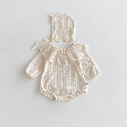 Autumn Arrival Baby Girls Long Sleeves Striped Pattern Hollow-out Collar Onesies with Hat, MyKids-USA®, Baby & Toddler Outfits, MyKids-USA - Size/Age - 66 (3-6M) - Color - Beige -  -  - TR2509162341-A