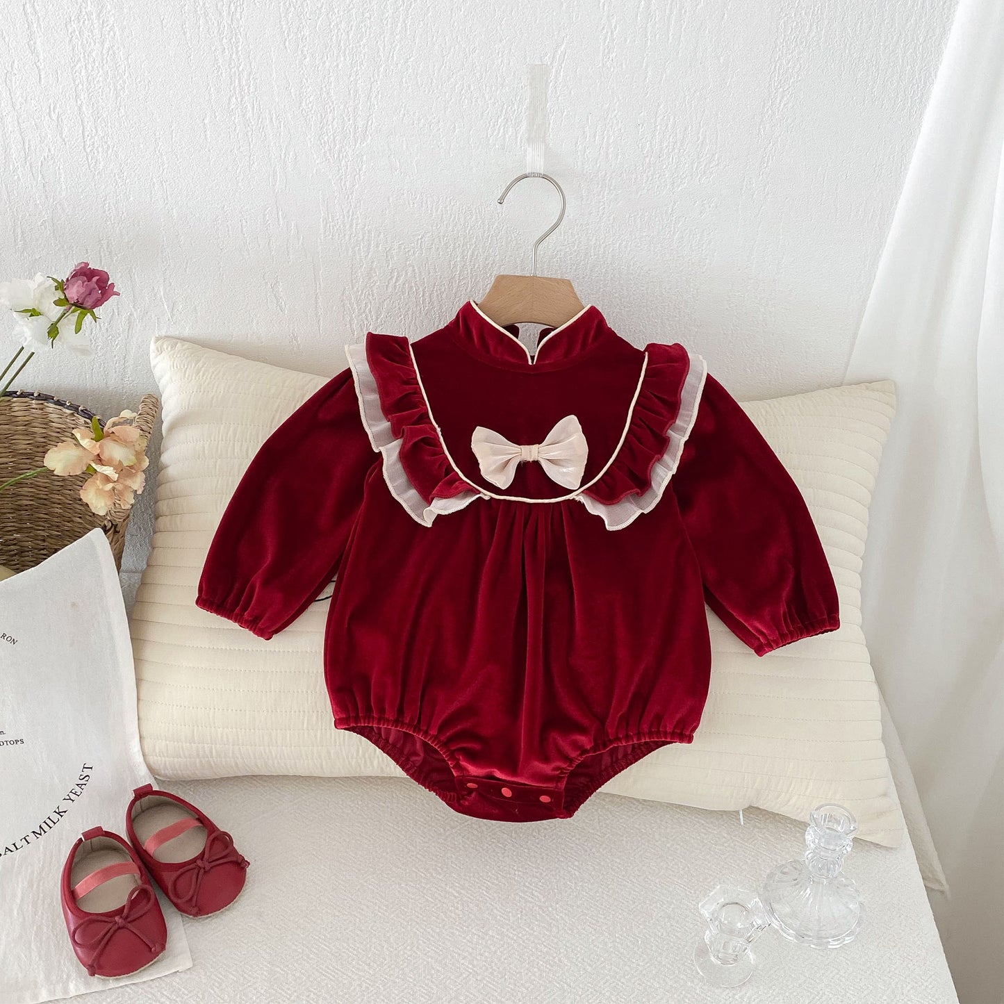 Autumn Arrival Baby Girls Long Sleeves Ruffle Design Stand Collar Onesies, MyKids-USA®, Baby One-Pieces, MyKids-USA - Size/Age - 66 (3-6M) - Color - Red -  -  - TR2409300905-A
