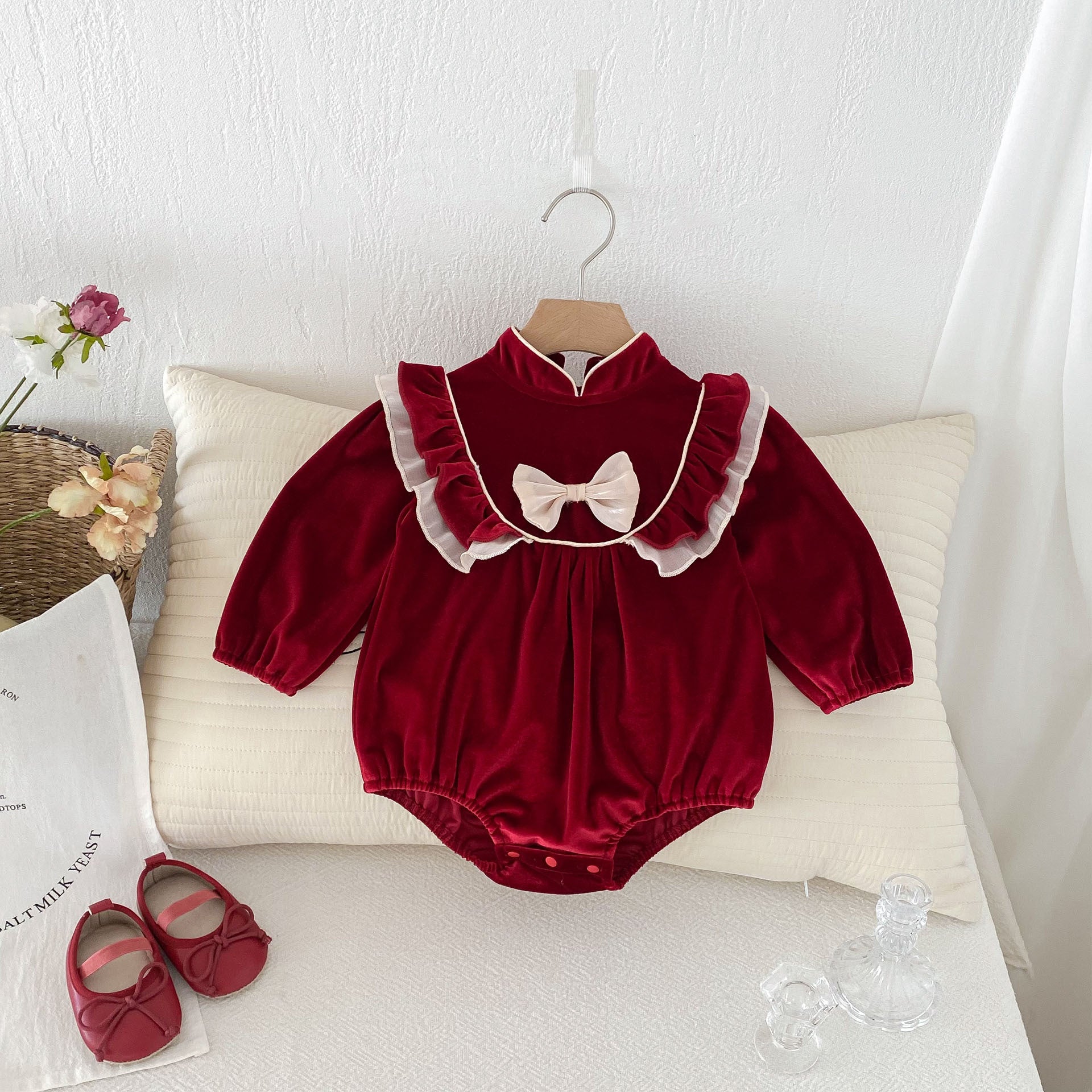Autumn Arrival Baby Girls Long Sleeves Ruffle Design Stand Collar Onesies, MyKids-USA®, Baby One-Pieces, MyKids-USA - Size/Age - 66 (3-6M) - Color - Red -  -  - TR2409300905-A