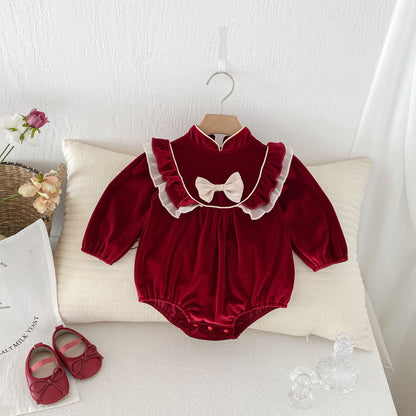 Autumn Arrival Baby Girls Long Sleeves Ruffle Design Stand Collar Onesies, MyKids-USA®, Baby One-Pieces, MyKids-USA - Size/Age - 66 (3-6M) - Color - Red -  -  - TR2409300905-A