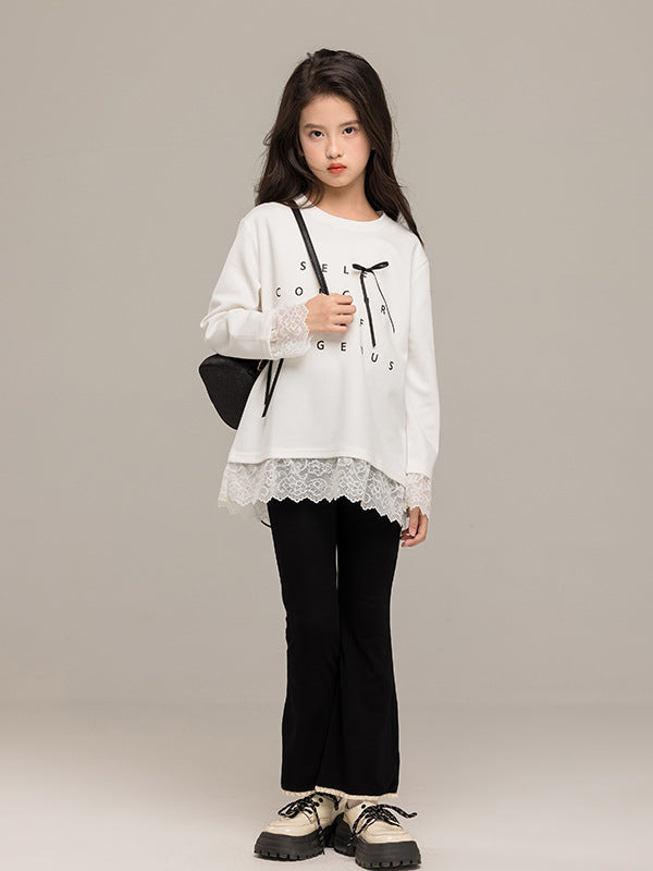 Arrival Autumn Kids Girls Long Sleeves Letters Pattern Top and Black Flared Pants Sets