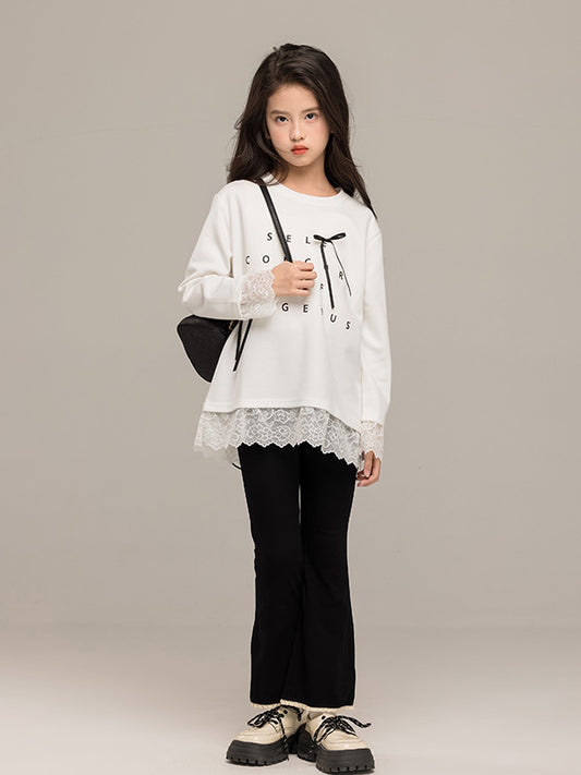 Arrival Autumn Kids Girls Long Sleeves Letters Pattern Top and Black Flared Pants Sets