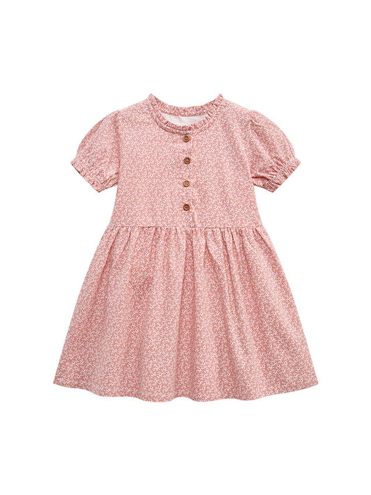Spring And Summer Baby Girls Short Sleeves Floral Pink Dress