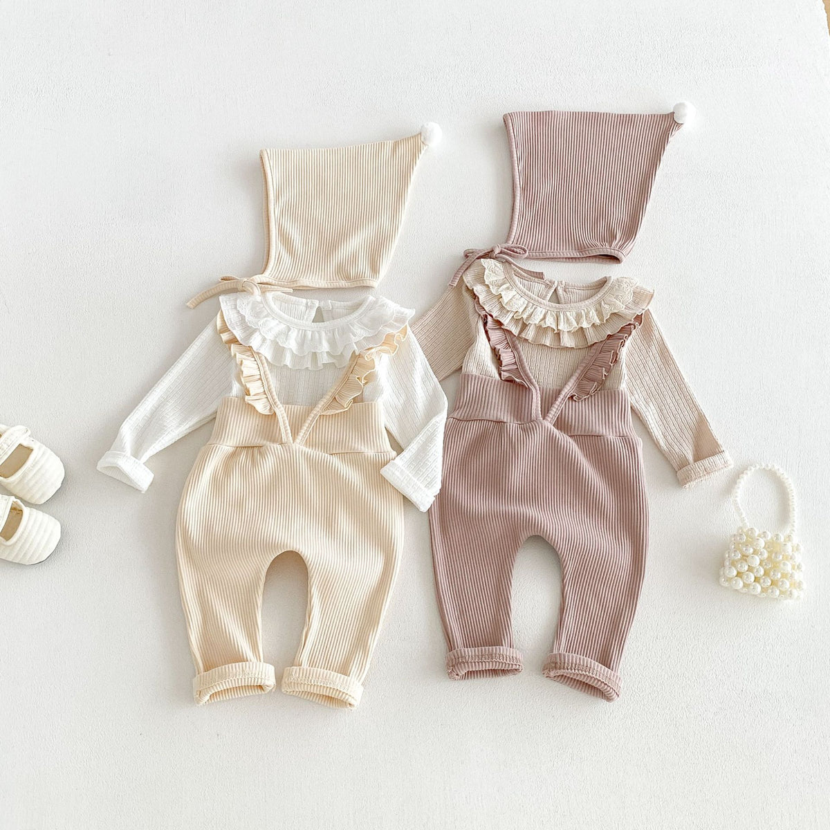 MyKids-USA® Hot Selling Autumn Baby Kids Girls Long Sleeves Lace Collar Top and Strap Overalls