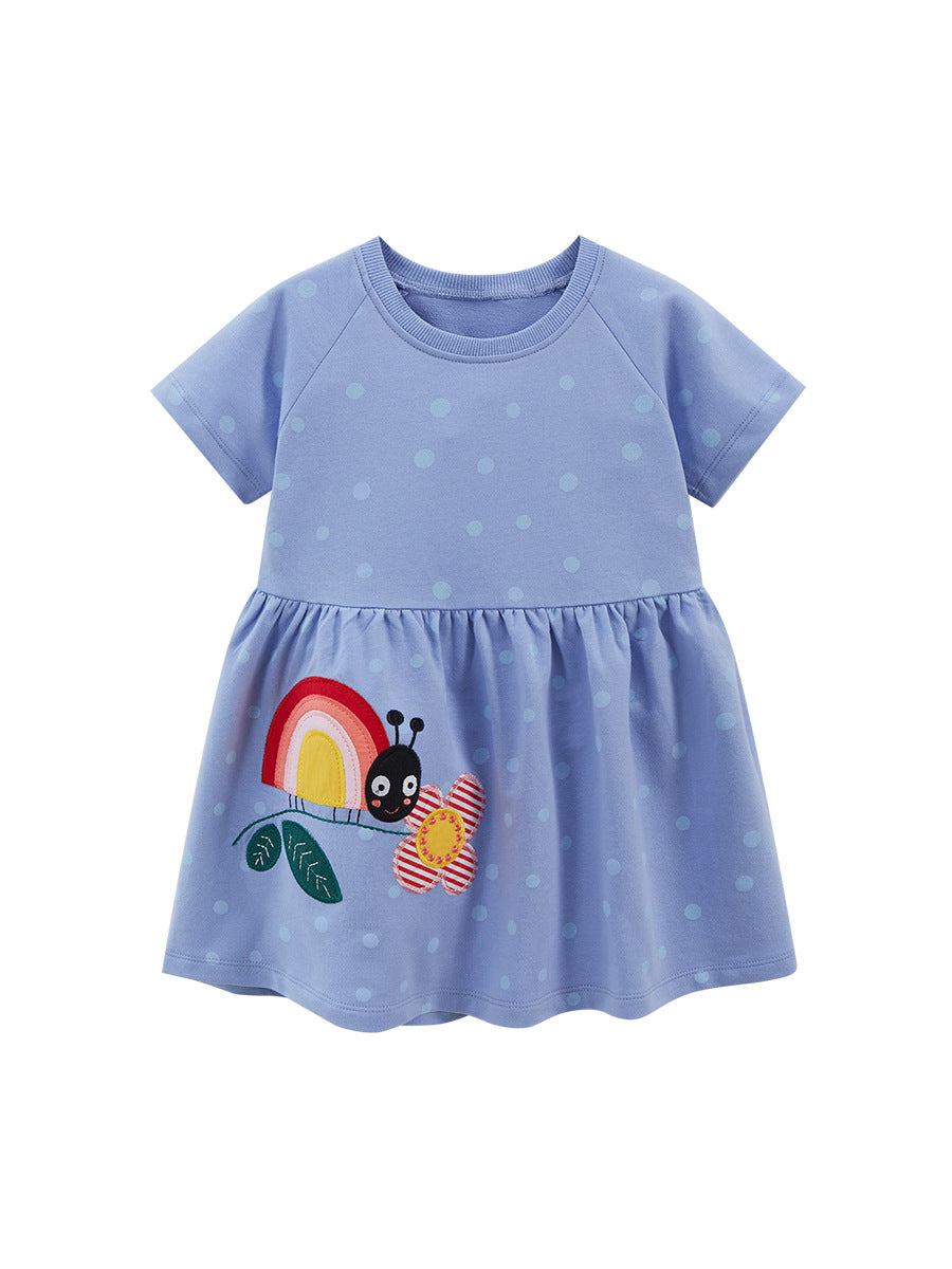 Spring And Summer Baby Girls Short Sleeves Rainbow Insect Polka Dot Dress