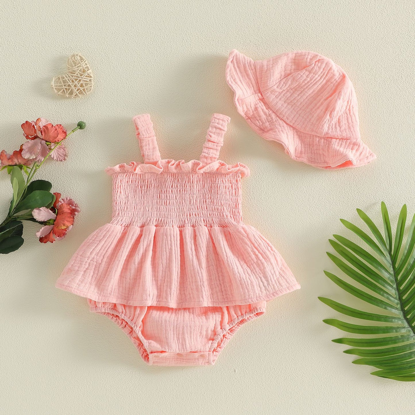 Design Summer Baby Kids Girls Sleeveless Solid Color Bodysuit with Hat