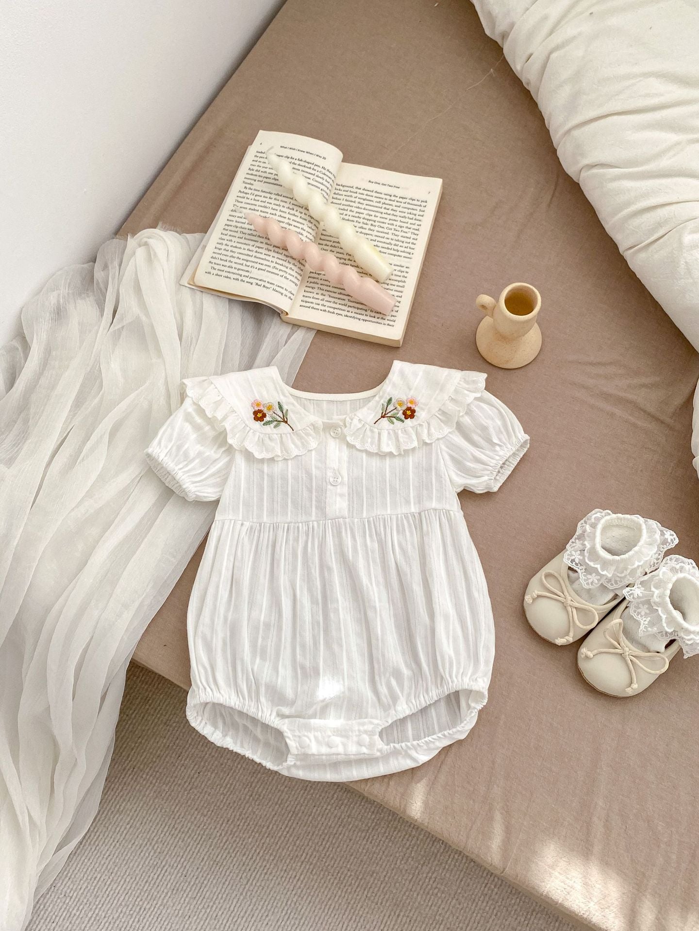 Arrival Summer Girls Floral Embroidered Collar Short Sleeves Onesies, MyKids-USA®, Baby One-Pieces, MyKids-USA - Size/Age - 66 (3-6M) - Color - White -  -  - TR2403262349-A