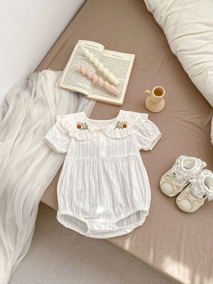 Arrival Summer Girls Floral Embroidered Collar Short Sleeves Onesies, MyKids-USA®, Baby One-Pieces, MyKids-USA - Size/Age - 66 (3-6M) - Color - White -  -  - TR2403262349-A