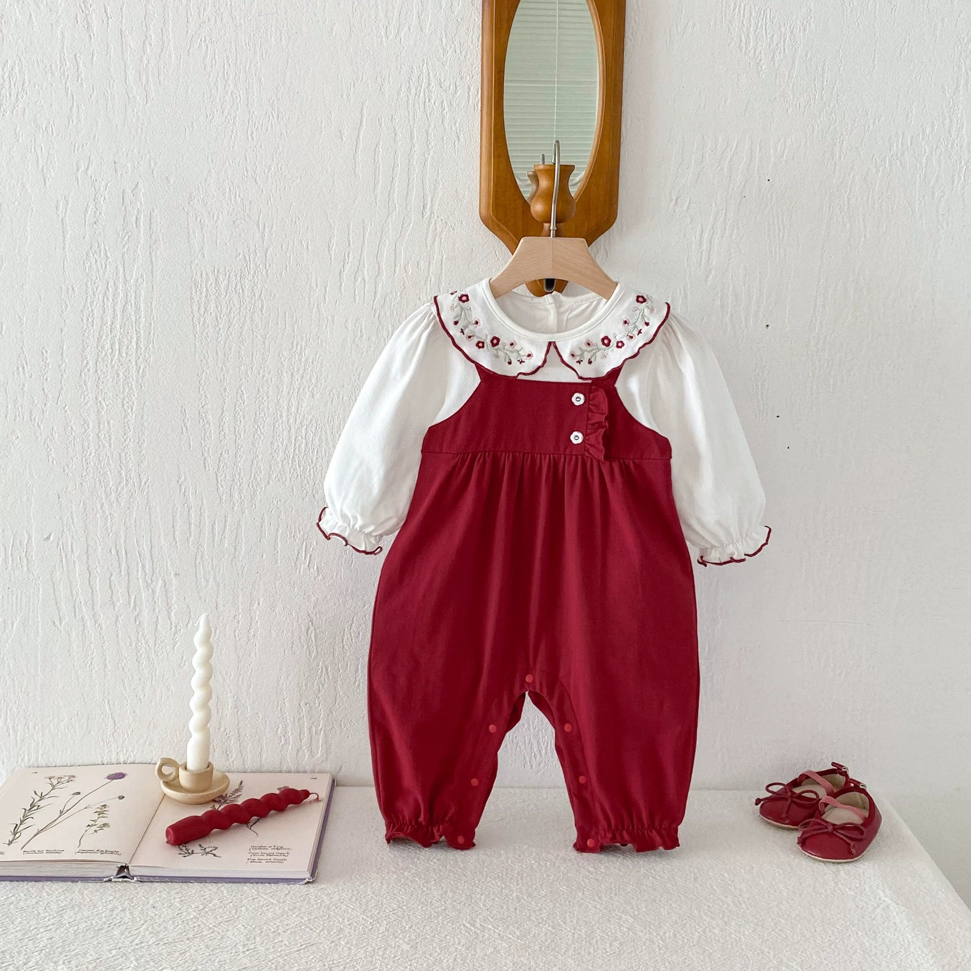 Autumn Arrival Baby Girls Long Sleeves Flowers Embroidered Pattern Collar Color Patchwork Rompers, MyKids-USA®, Baby One-Pieces, MyKids-USA - Size/Age - 66 (3-6M) - Color - Red -  -  - TR2508122224-A