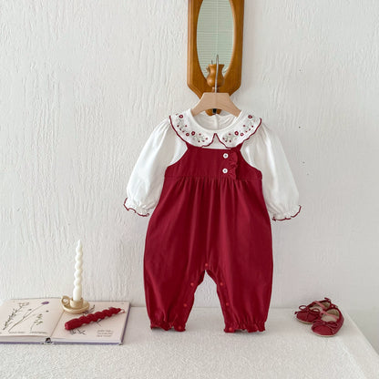 Autumn Arrival Baby Girls Long Sleeves Flowers Embroidered Pattern Collar Color Patchwork Rompers, MyKids-USA®, Baby One-Pieces, MyKids-USA - Size/Age - 66 (3-6M) - Color - Red -  -  - TR2508122224-A