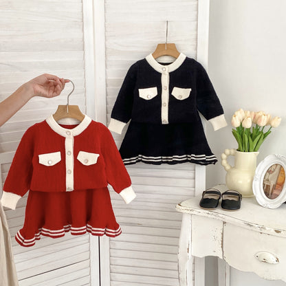 Arrival Autumn Baby Girls Long Sleeves Simple Color Patchwork Knitted Cardigan and Skirt – Clothing Set, MyKids-USA®, Baby & Toddler Dresses, MyKids-USA -  -  -  -  -  -  - 