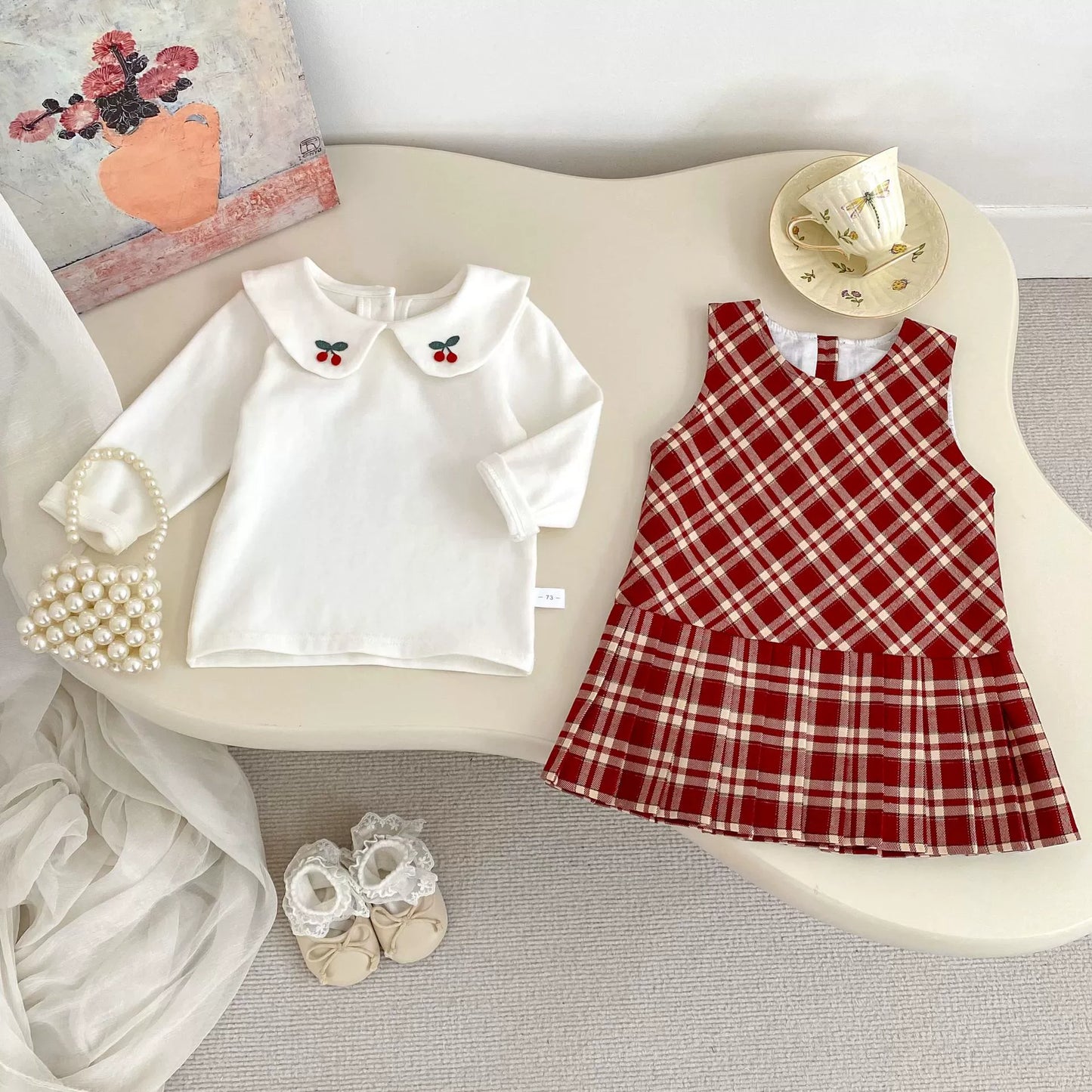 Spring and Autumn Baby Kids Girls Cherry Pattern Long Sleeves Beige Top and Plaid Sleeveless Dress Clothing Set, MyKids-USA®, Baby & Toddler Outfits, MyKids-USA -  -  -  -  -  -  - 