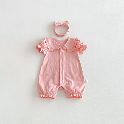 Design Summer Baby Kids Girls Short Sleeves Solid Color Pink Rompers