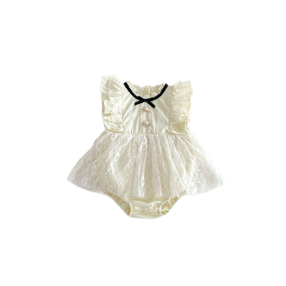 Summer Arrival Baby Girls Sleeveless Flowers Pattern Tulle Patchwork Bodysuit Dress