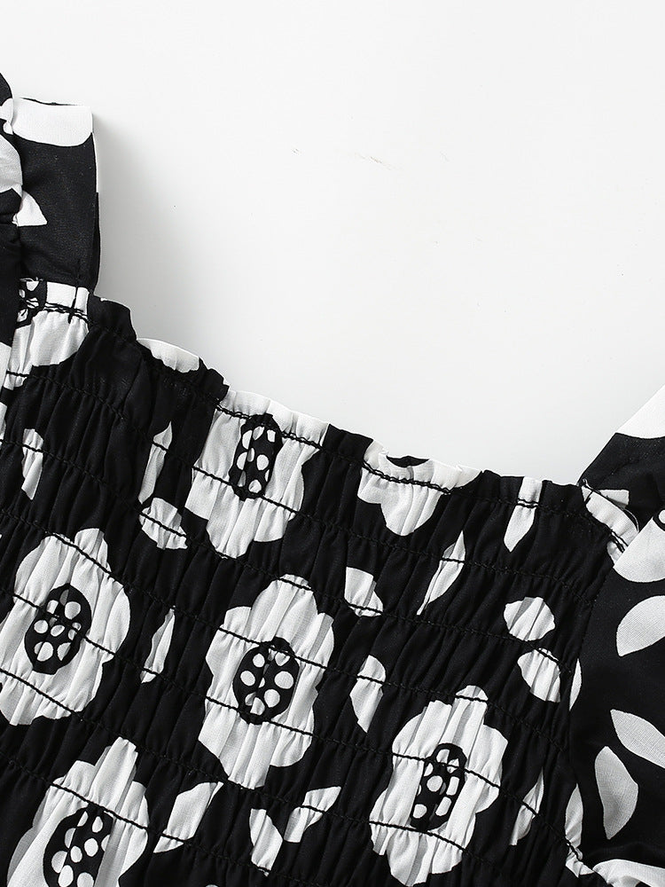 Summer Baby Kids Girls Short Sleeves Flowers Pattern Square Neck Dress