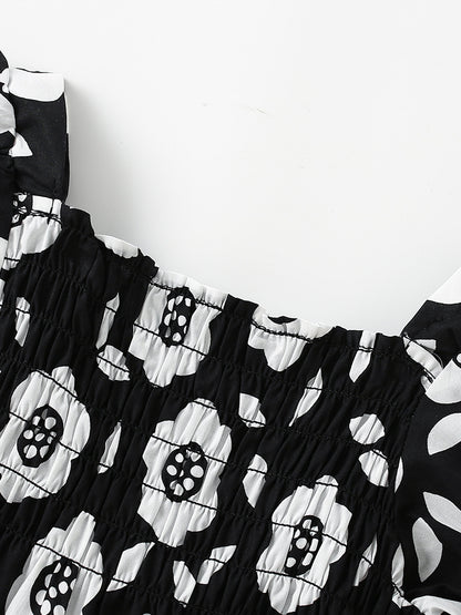 Summer Baby Kids Girls Short Sleeves Flowers Pattern Square Neck Dress