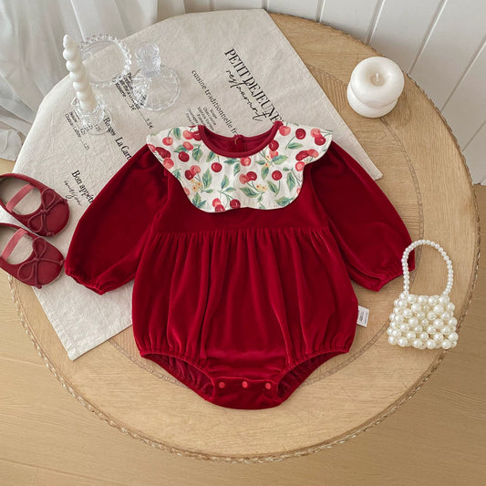 Autumn Arrival Baby Girls Long Sleeves Cherry Pattern Color Patchwork Onesies, MyKids-USA®, Baby One-Pieces, MyKids-USA - Size/Age - 66 (3-6M) - Color - Red -  -  - TR2509062311-A