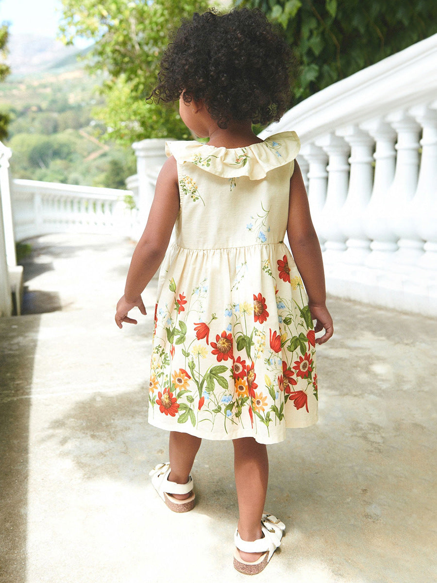 Summer Girls Sleeveless Floral Pattern Single Breasted Dress - 90 (12-24M) / Beige Summer Girls Sleeveless Floral Pattern Single Breasted Dress - 90 (12-24M) / Beige