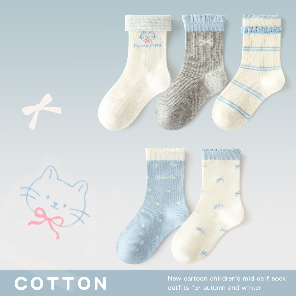Autumn Arrival Baby Girls Breathable Cute Pattern Socks 1 Lot=5-Pair Set, MyKids-USA®, Baby & Toddler Socks & Tights, MyKids-USA - Size/Age - S (1-3Y) - Color - Blue -  -  - TR2509292343-C
