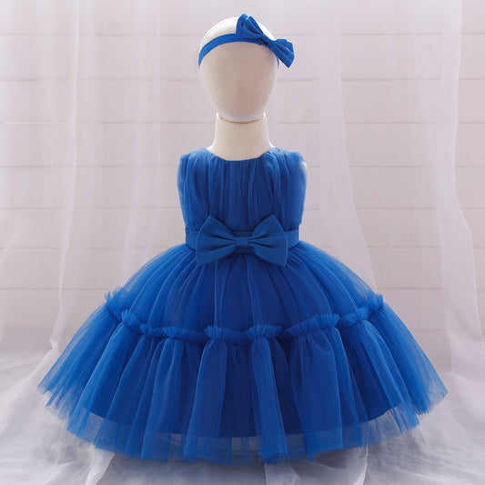New Arrival Summer Baby Kids Girls Sleeveless Solid Color Ruffle Mesh Bow Tied Dress
