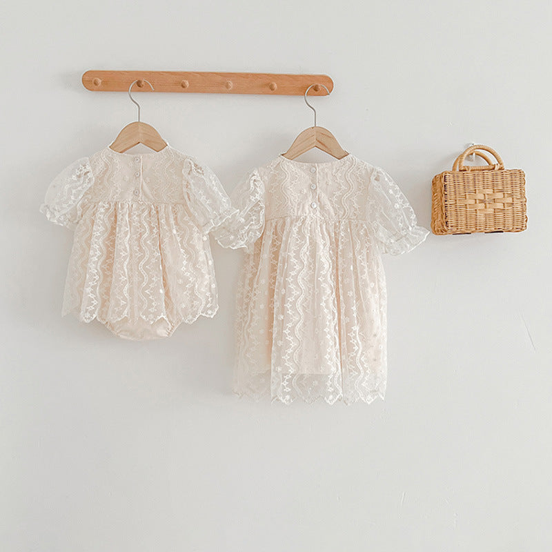 Summer Girls Lace Mesh Square Neck Onesies And Girls’ Dress – Princess Sister Matching Set