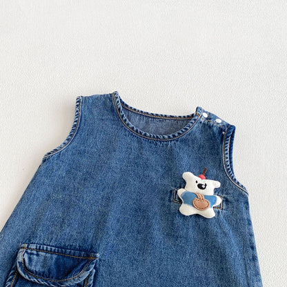 Design Summer Baby Kids Boys Sleeveless Denim Cartoon Pattern Rompers
