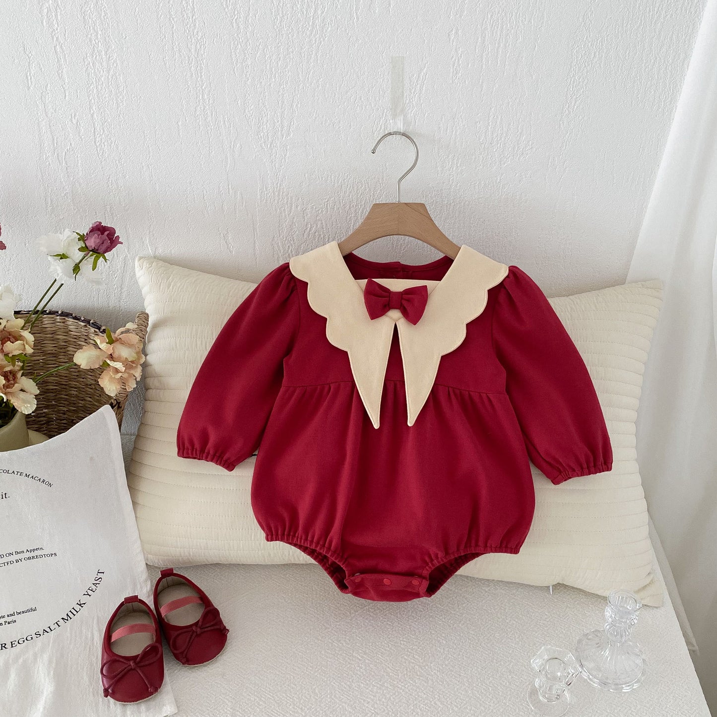 Autumn Arrival Baby Girls Long Sleeves New Style Collar with Butterfly Bow Attached Onesies, MyKids-USA®, Baby One-Pieces, MyKids-USA - Size/Age - 66 (3-6M) - Color - Red -  -  - TR2409300911-A