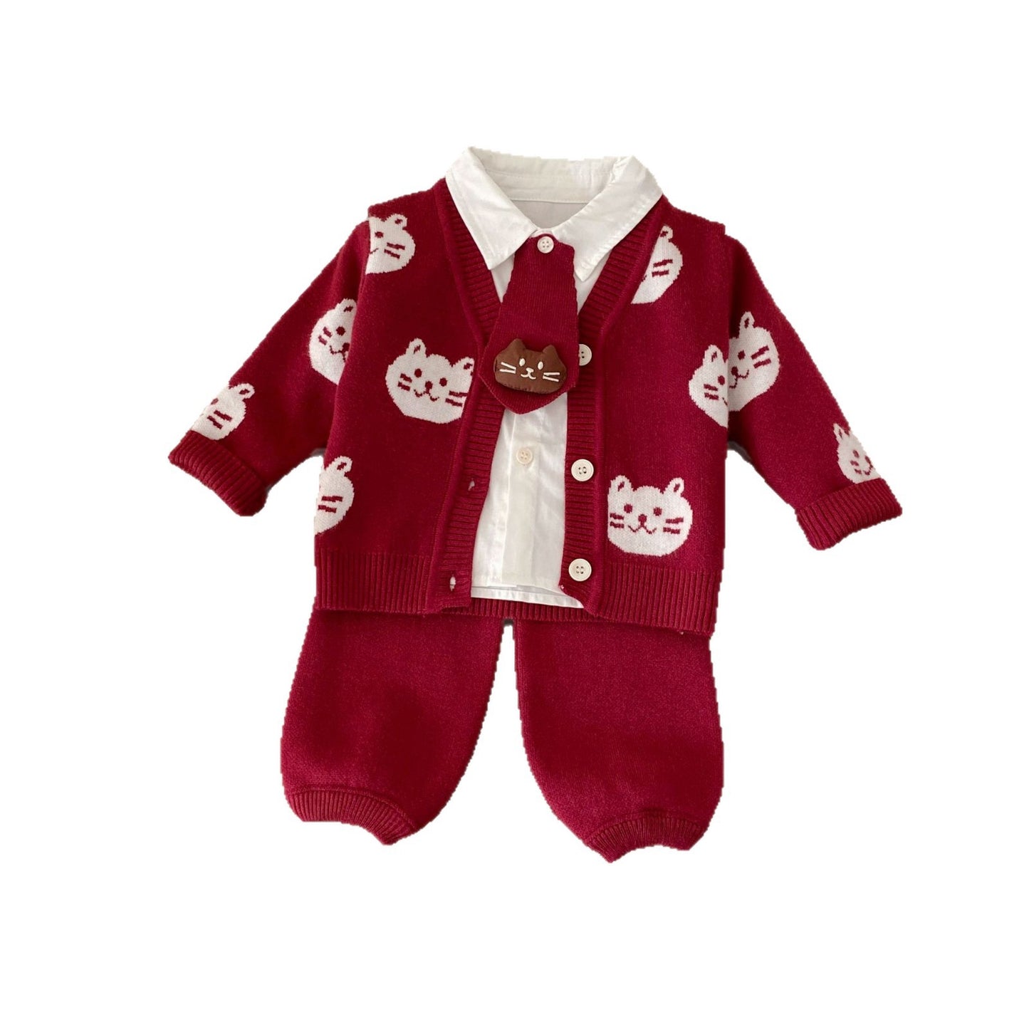 Winter and Autumn Baby Kids Girls Long Sleeves Solid Color Top Shirt, Knitted Pants and Cartoon Pattern Cardigan Clothing Set